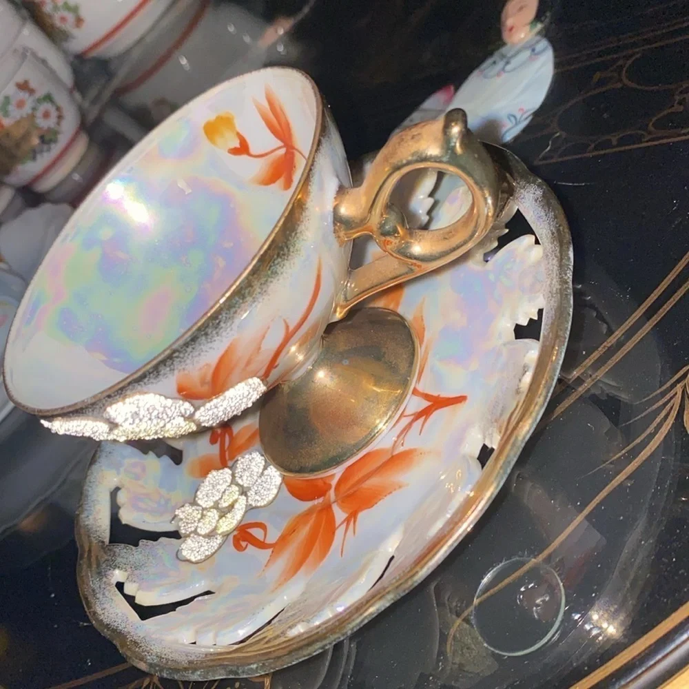Vintage Japan Sterling China Iridescent Floral Textured Pansy Teacup & Saucer